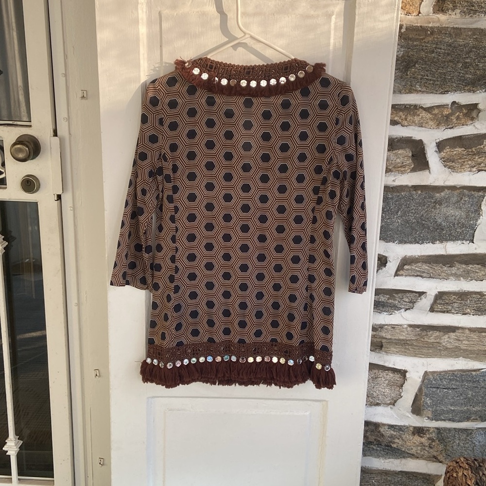 Tory Burch Brown tunic top with MIRROR CIRCLE TRIM AROUND NECK & Bottom size 2 - Picture 5 of 15